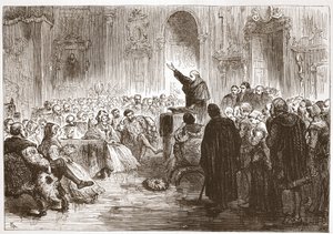 Roussel predikt in het Louvre, illustratie uit De Geschiedenis van het Protestantisme door James Aitken Wylie, gepubliceerd in 1878