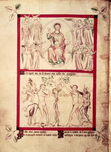 God in een mandorla omringd door muzikale engelen, Verleiding van Eva, uit de Queen Mary Psalter, c.1310-20 door English School