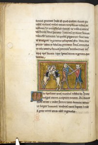 Royal 12 F.XIII, f.42v Twee ridders die te voet vechten met zwaarden, terwijl hun paarden elkaar bevechten op hun achterpoten, uit Bestiarium (ff. 3-141), Lapidarium (ff. 141v-149), 2e kwart van de 13e eeuw (perkament)