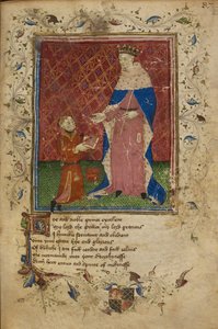 Thomas Hoccleve knielt in de daad van het aanbieden van zijn boek aan Koning Hendrik V (illustratie uit 