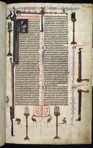 Royal 1 D I, f.1r, Jerome, monniken op zuilen, uit de Bijbel van William van Devon (perkament)