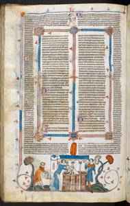 Royal MS 10 IV f.297v Het baden van een pestslachtoffer en marginale decoratie, illustratie uit 