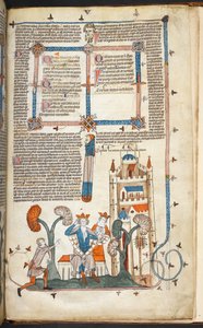 De koning, koningin en hun kasteel met marginale decoratie, illustratie uit de 