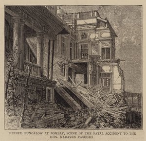 Verwoeste bungalow in Bombay, scène van het fatale ongeluk van de Eerwaarde Narayen Vasudeo (gravure) door English School