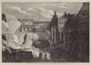 Ruïnes van het interieur van het theater van Hare Majesteit na de brand (gravure)