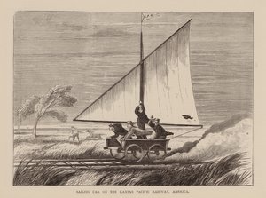 Zeilwagen op de Kansas Pacific Railway, Amerika (gravure)