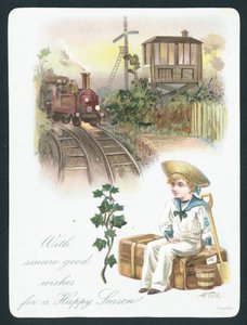 Matrozenjongen wacht op trein, Kerstkaart door English School