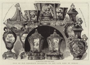 Verkoop van oud porselein behorend tot de wijlen graaf van Dudley (gravure) door English School