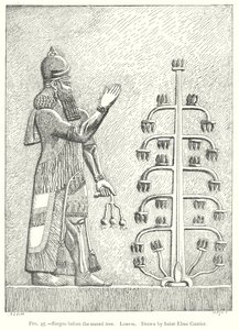 Sargon voor de heilige boom. Louvre (gravure)