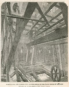 Steigers voor het ophijsen van de kwartklokken in de klokkentoren van de nieuwe Houses of Parliament