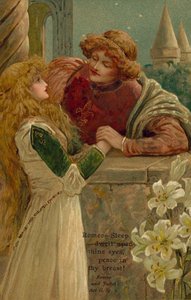 Scène uit Romeo en Julia van William Shakespeare (kleurenlitho) door English School