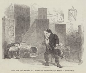 Scène uit "The Haunted Man," in het Adelphi Theatre, Mr Wright als "Tetterby" (gravure) door English School