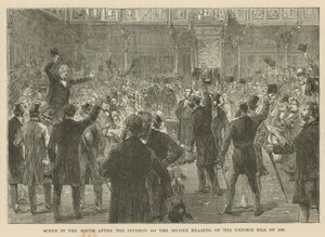 Scène in het Lagerhuis na de stemming over de tweede lezing van de Hervormingswet van 1866