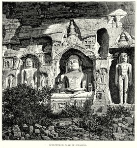 Gebeeldhouwde grot in Gwalior (gravure) door English School