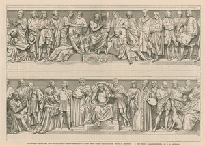 Beelden rond de basis van het Prince Consort Memorial (gravure)