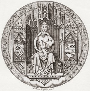 Zegel van Robert Stewart, Hertog van Albany, ca. 1340 – 1420. Lid van het Schotse koningshuis, regent, Gouverneur van Schotland, Hertog van Albany, Graaf van Fife & Menteith. Uit Iconographia Scotica of Portretten van Illustere Personen van Schotland, gepu