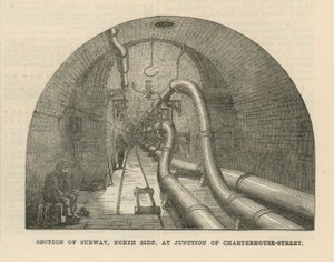 Doorsnede van metro, noordzijde, bij kruising van Charterhouse Street