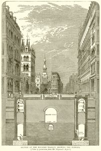 Doorsnede van het Holborn Viaduct, met de metrolijnen door English School