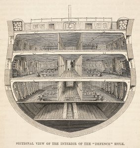 Doorsnede van het interieur van de Defence hulk, illustratie uit The Criminal Prisons of London and Scenes from Prison Life door Henry Mayhew en John Binny, uitgegeven in 1862 door English School
