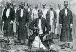 Sekebobo Hoofd van Chagwe, Mtesa Hoofd van Oeganda, Chambarango en Pokino de Eerste Minister (gravure) door English School