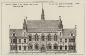 Geselecteerd Ontwerp in de Tweede Competitie voor de Nieuwe Examen Scholen Oxford, Voorgevel (gravure)