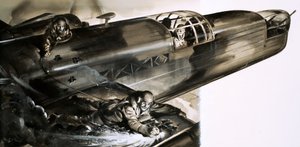 Sergeant James Allen Ward loopt over de vleugel van een Wellington-bommenwerper