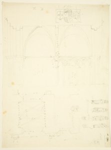 Serie schetsen van Abbey Gatehouse en de kathedraal van Bristol door English School