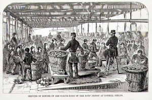 Het serveren van het diner in de eikenruimte van de jongensgevangenis in Tothill Fields, uit 