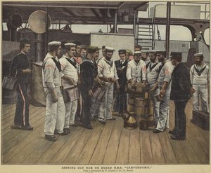 Rum uitdelen aan boord van HMS Camperdown door English School