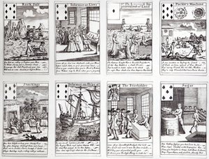 Set speelkaarten met satirische scènes van huidige commerciële ondernemingen en investeringen, ca. 1720