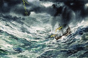 Schip in een storm (gouache op papier)