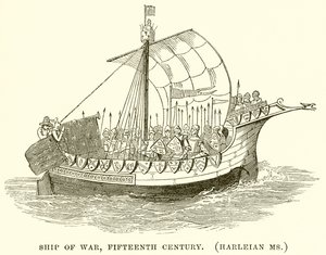 Oorlogsschip, vijftiende eeuw. (Harleian Ms.)