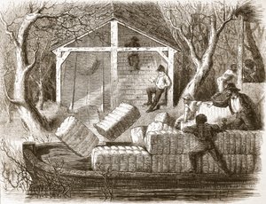 Schieten van Cottin-balen in het voorste deel van de rivier-stoomboot Magnolia, illustratie uit The Illustrated London News, 1861
