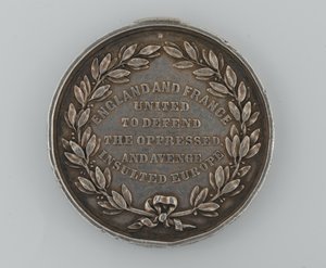 Zilveren Patriotic Fund-medaille ter herdenking van de alliantie tussen Engeland en Frankrijk 1854, uitgereikt door de burgemeester van Dover, 1855