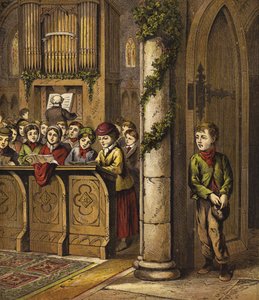 Kerstliederen zingen in de kerk, met arme jongen bij de deur