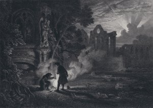 Sir Arthur en Dousterswivel in de ruïnes van St. Ruth (gravure) door English School