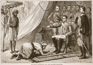 Sir David Ochterlony en de Ghoorka boodschapper, illustratie uit Cassells Geïllustreerde Geschiedenis van India door James Grant, uitgegeven 1879 door English School