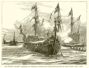 Aankomst van Sir Francis Drake in Ternate tijdens zijn reis rond de wereld, 1577-1580 door English School