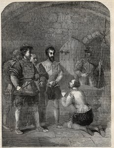 Sir Thomas Wyatt de Jongere (1521-1554) op weg naar zijn executie, plechtig de Prinses Elizabeth en Courtenay vrijpleitend van deelname aan zijn opstand - 1554 - gravure uit 