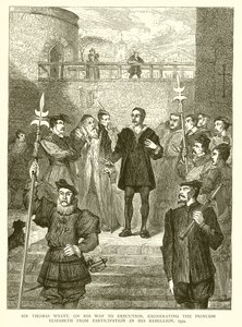 Sir Thomas Wyatt, op weg naar zijn executie, vrijwaart prinses Elizabeth van deelname aan zijn opstand, 1554 door English School