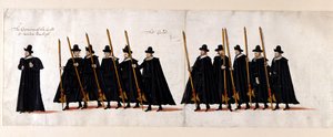 Sir Walter Raleigh, kapitein van de wacht, en de wacht. Deel van de begrafenisstoet van koningin Elizabeth I naar Westminster Abbey, 28 april 1603 door English School