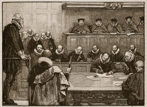 Sir Walter Raleigh voor de rechters, illustratie uit Cassells Geïllustreerde Geschiedenis van Engeland