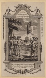 Sir Walter Raleigh beveelt de standaard van koningin Elizabeth op de kust van Virginia te plaatsen (gravure)