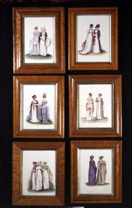 Zes miniaturen die laat 18e en vroeg 19e eeuwse damesmode uitbeelden, c.1825
