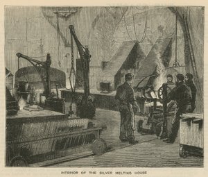 Schetsen bij de Royal Mint, Tower Hill; interieur van het zilversmelt huis