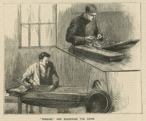 Schetsen bij de Royal Mint, Tower Hill; het luiden en onderzoeken van de munten door English School
