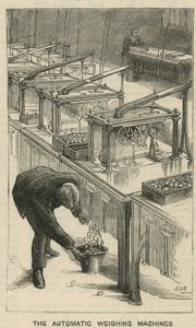 Schetsen bij de Royal Mint, Tower Hill; de automatische weegmachines door English School