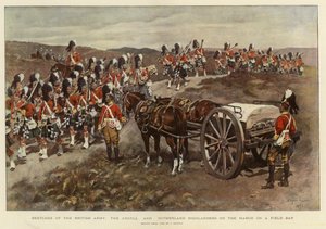 Schetsen van het Britse leger, de Argyll en Sutherland Highlanders op mars tijdens een veldtocht door English School