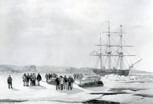 Sledepartij verlaat HMS Investigator in Mercy Bay, onder bevel van luitenant Gurney Creswell (lithografie) door English School