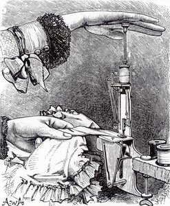 Kleine lockstitch naaimachine, acht inch lang, weegt 8 ons, uit Cassells Family Magazine, gepubliceerd 1886
